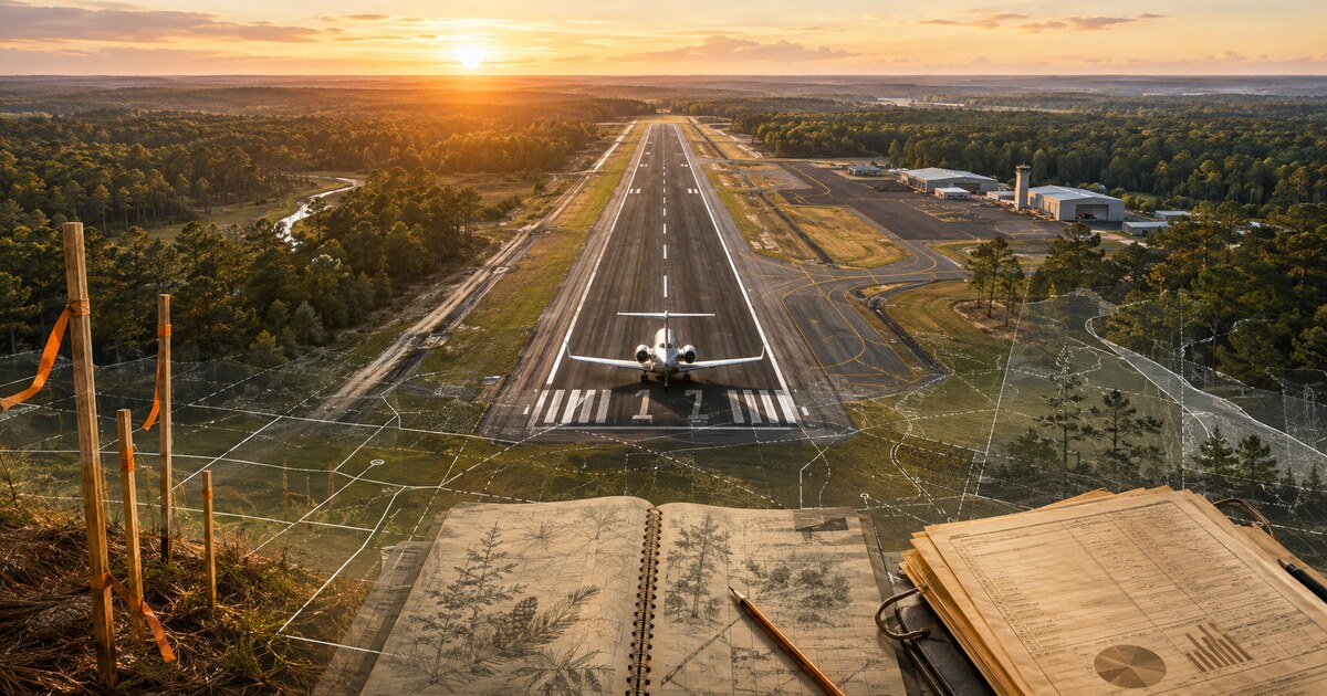Original symbolic editorial illustration of an East Texas airport runway, business jet, survey stakes, environmental field notes and public-budget plans.