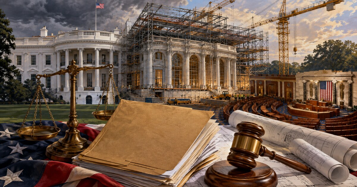 Original symbolic editorial montage of the White House and an unfinished classical ballroom with scaffolding, architectural plans, scales and a gavel representing court and congressional review.