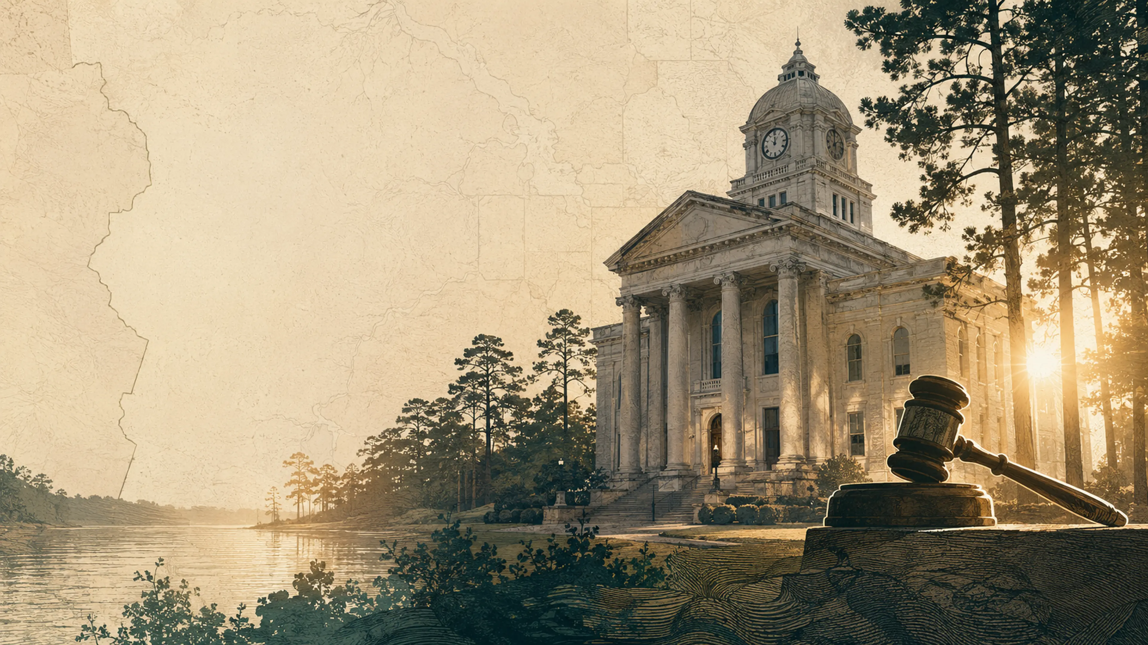 Illustrated Marion County courthouse, pine country, and a judge's gavel